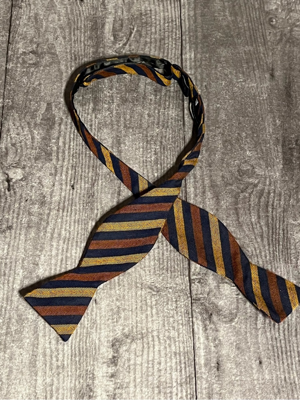 Saddlebred Striped Self-Tie Bow Tie in Navy, Brown & Gold